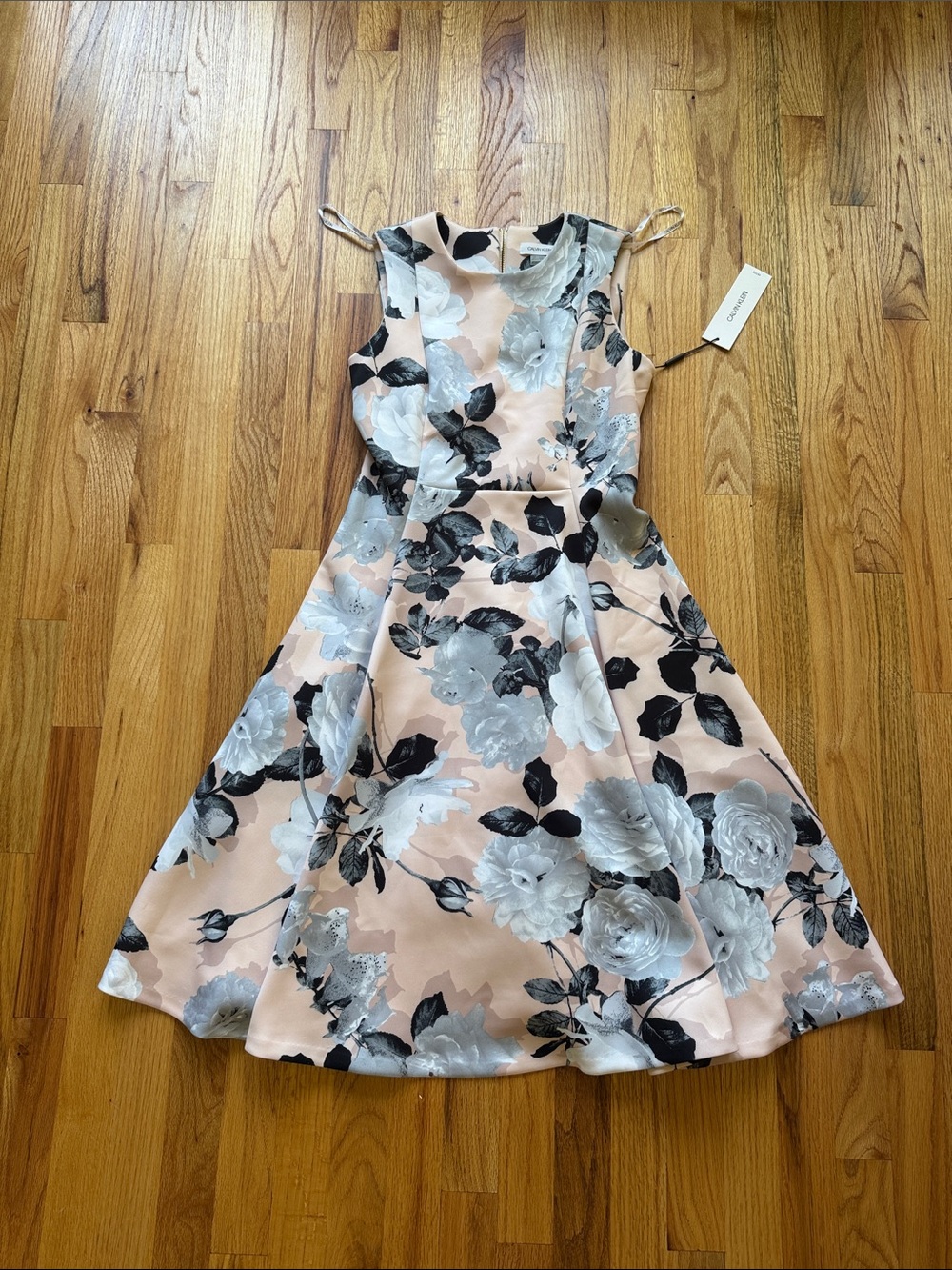 Calvin Klein Floral Fit-and-Flare Dress in Blush Gray Floral Print new w/ tags